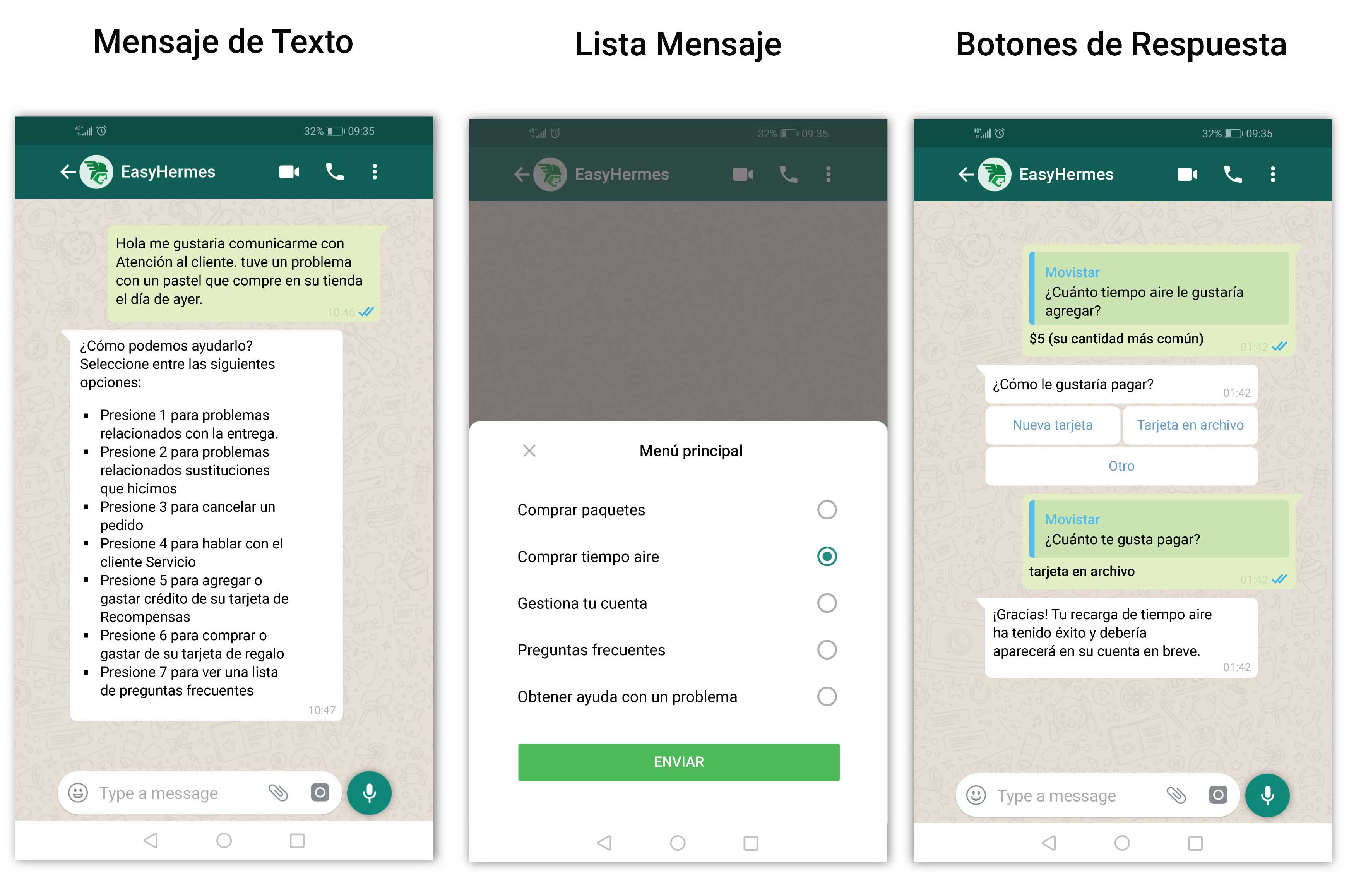 Mensaje de texto vs  Lista de mensajes o  Botones de respuesta